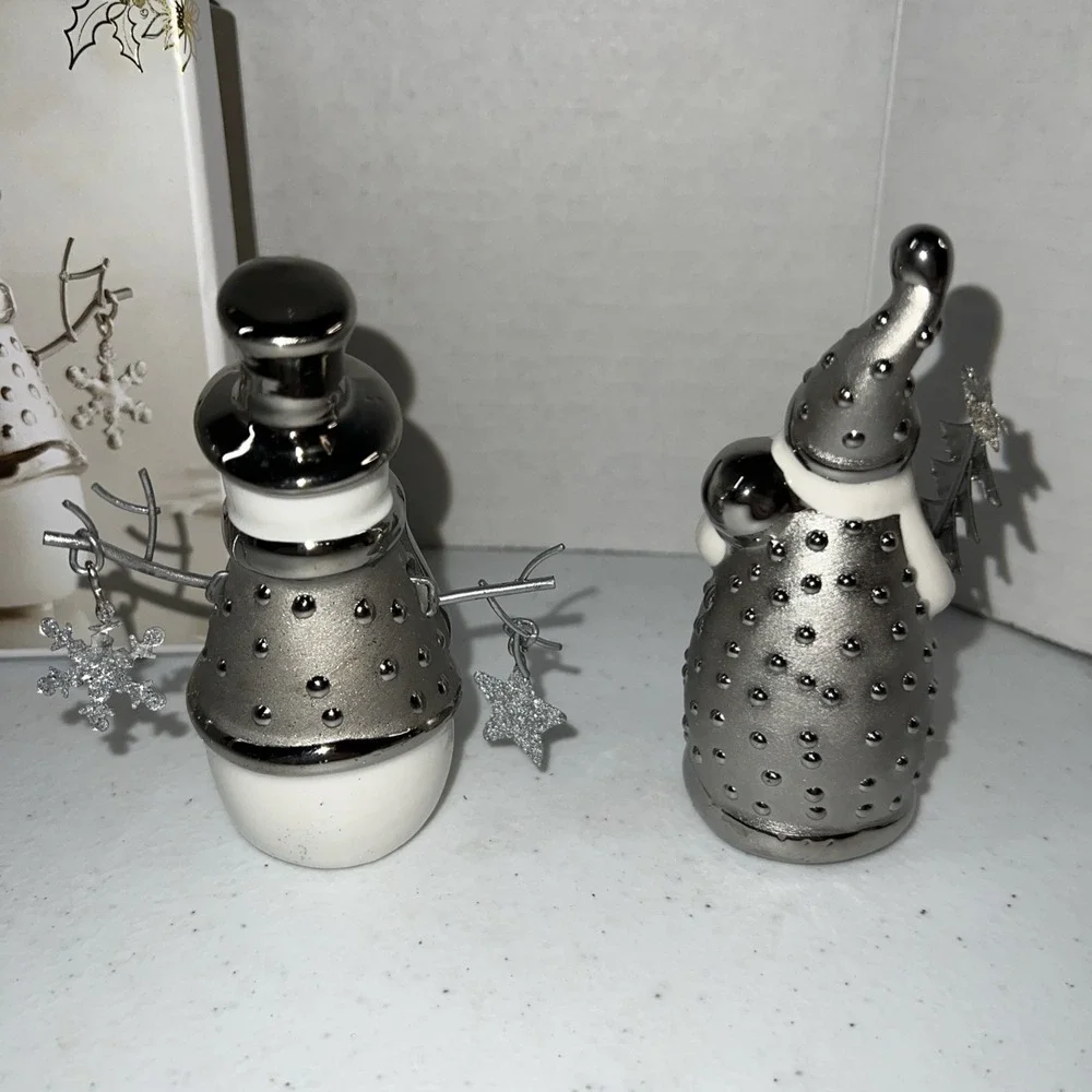 Vintage Pier 1 White Ceramic Snowman  And Santa Figures Silver Christmas